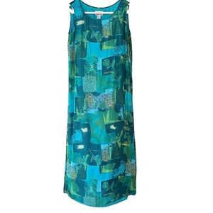 Robbie Bee Silk Sz 16 Turquoise Blue Abstract Print Sleeveless Maxi Shift Dress